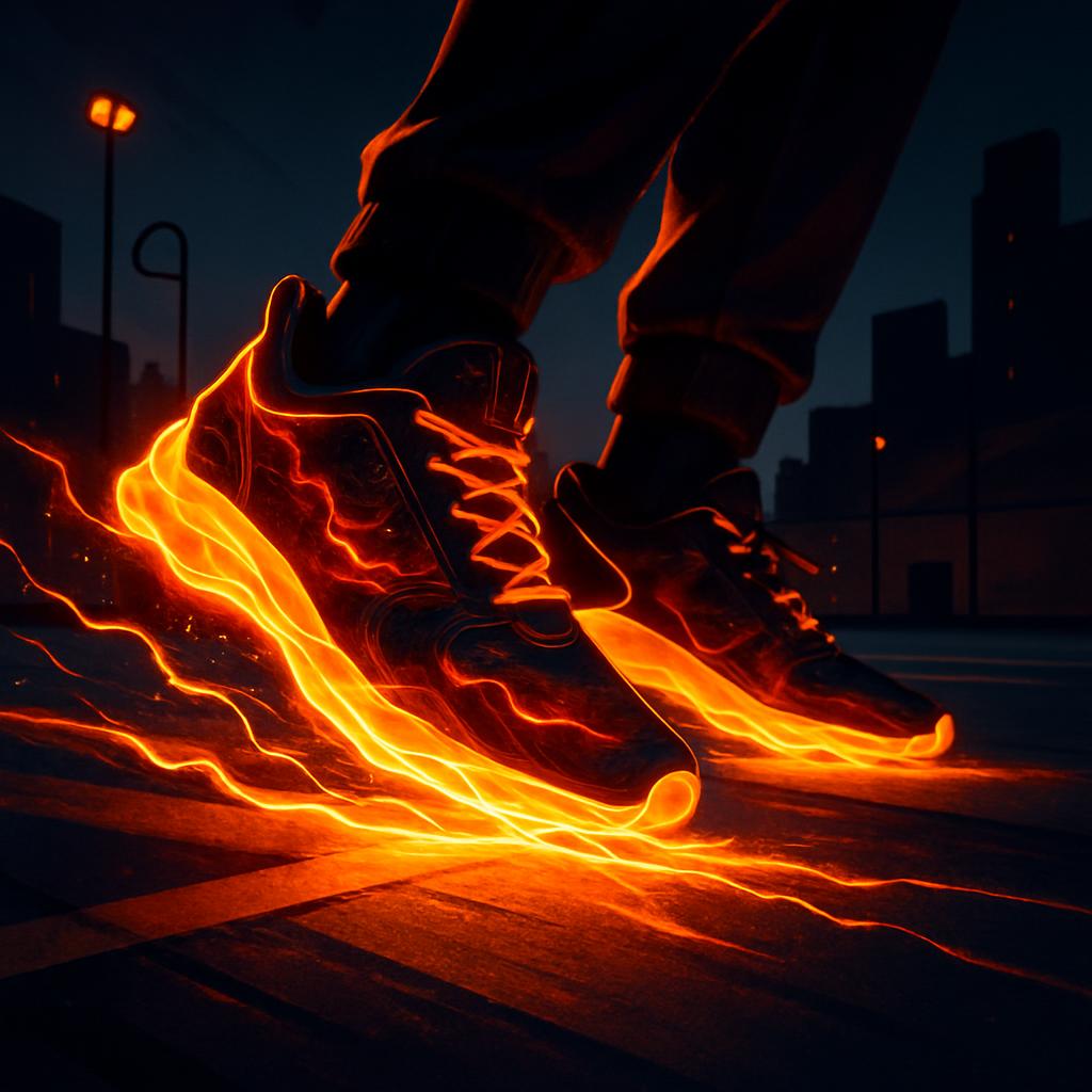 A pair of sneakers on fire, with the flames appearing to be just above ground level, set against a dark, urban backdrop wi...